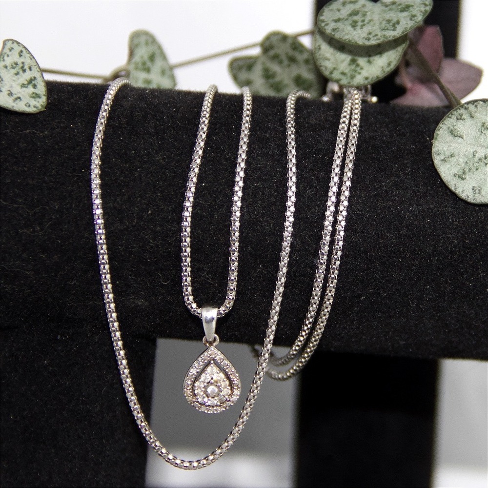 Sterling Silver Teardrop Halo Adjustable Slider Box Chain Necklace 925